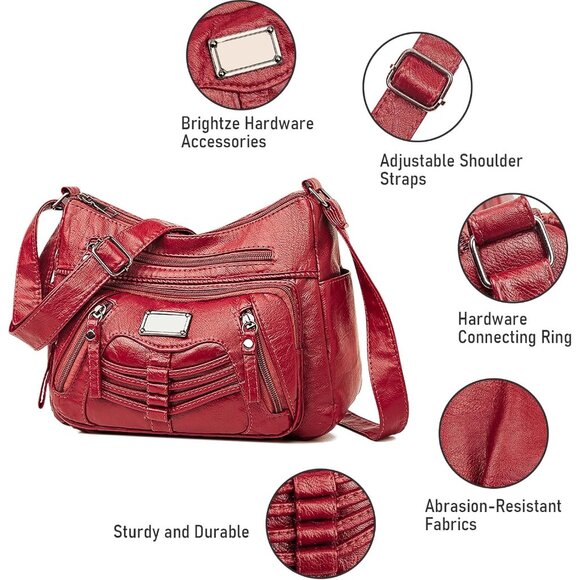 Women's Red Soft Pu Leather Multi-pocket Shoulder Bag Medium Cross-body Purse - Picture 4 of 7